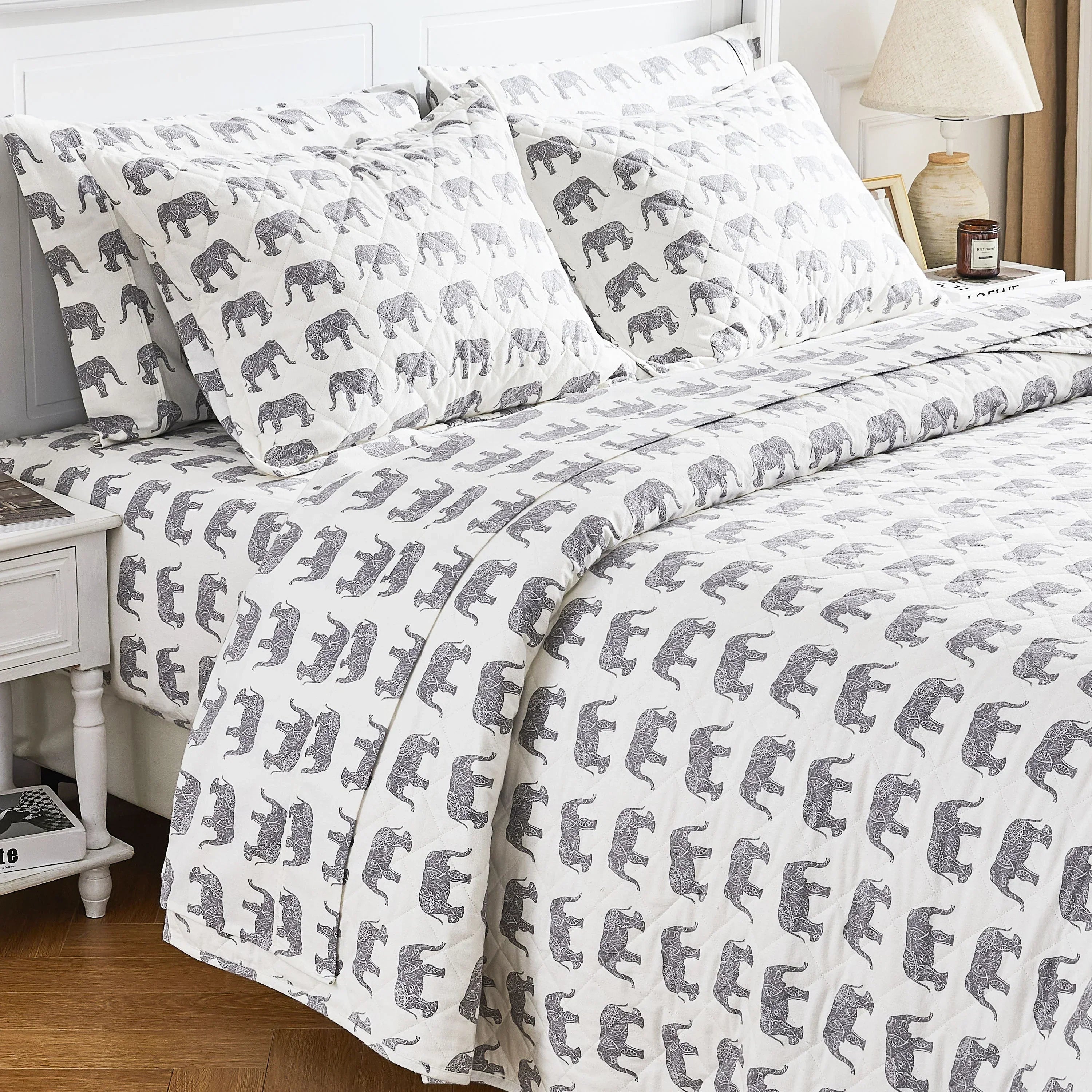 Elephants Cotton Flannel Quilt Set Mélange Home