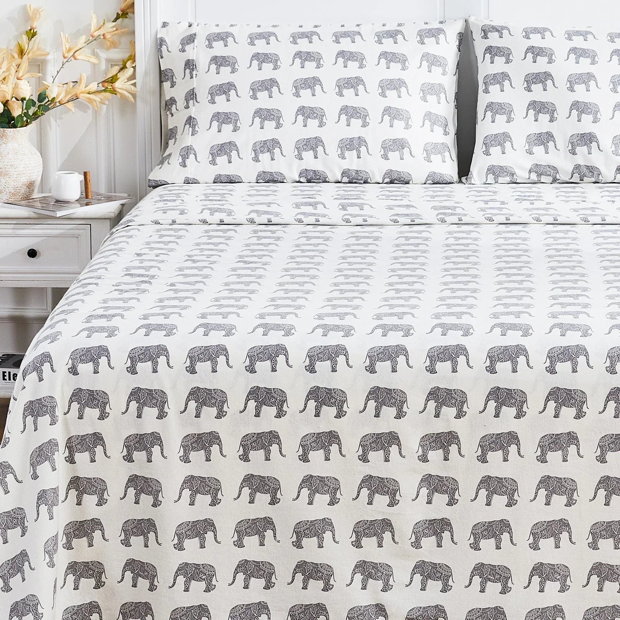 Elephants Flannel Sheet Set Mélange Home