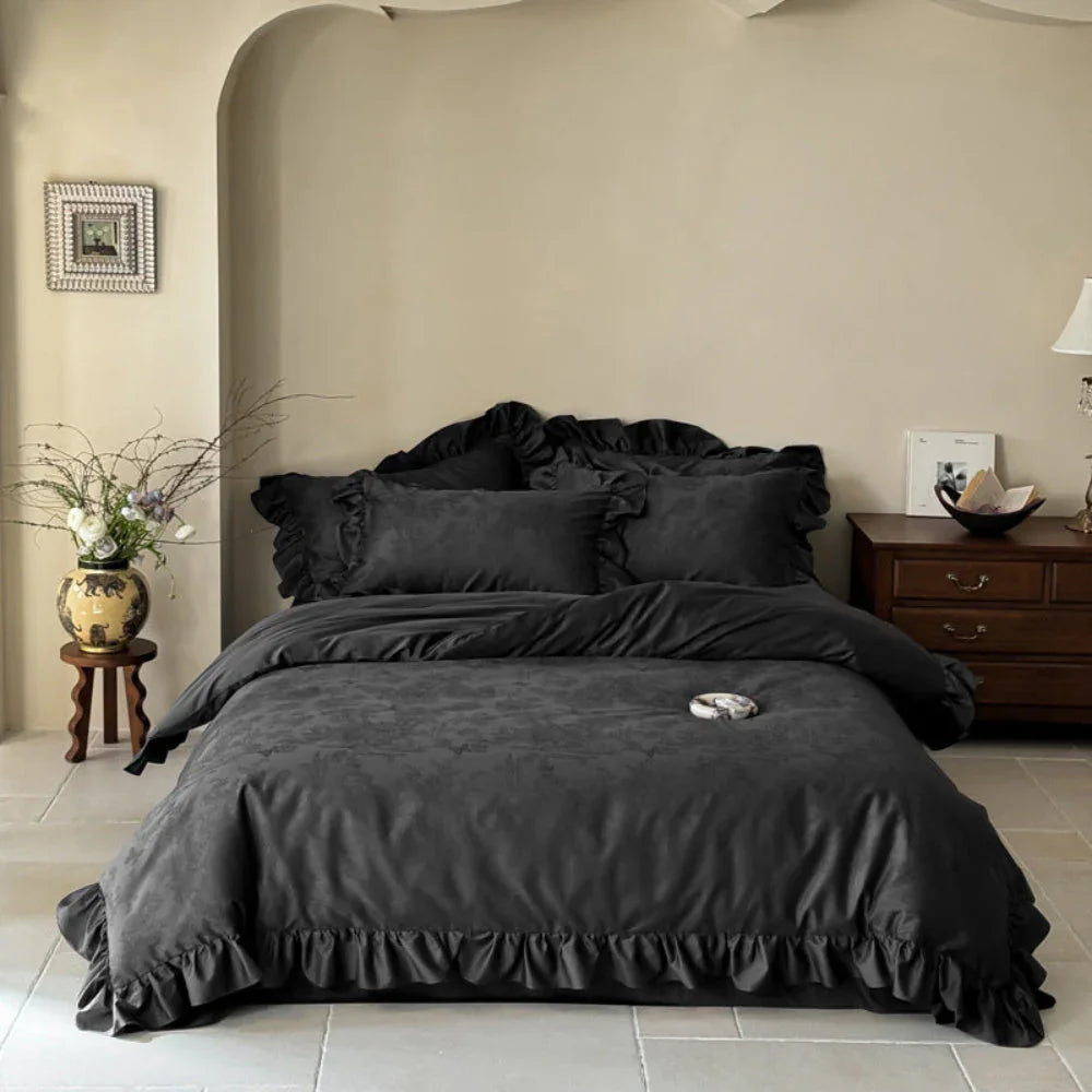 Elise French Lace Jacquard Satin Bedding Set / Dark Gray Ever Lasting