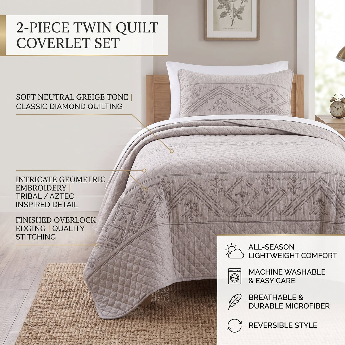 DaDa Bedding Whimsical Lavender Grey Cottage Soft Quilted Coverlet Bedspread Set - Twin (JHW866)