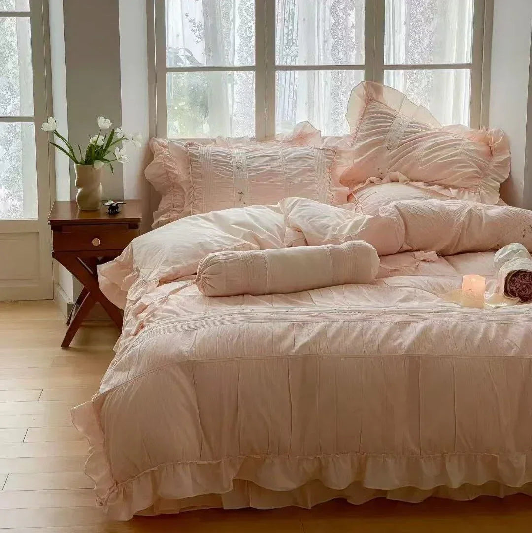 Embroidered Lace Ruffle Bedding Set / Pink Ever Lasting