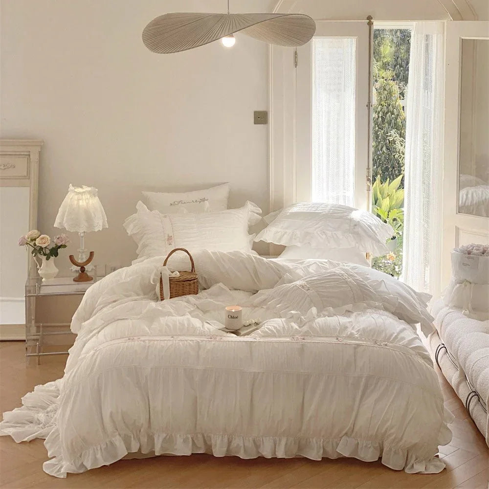 Embroidered Lace Ruffle Bedding Set / Pink Ever Lasting