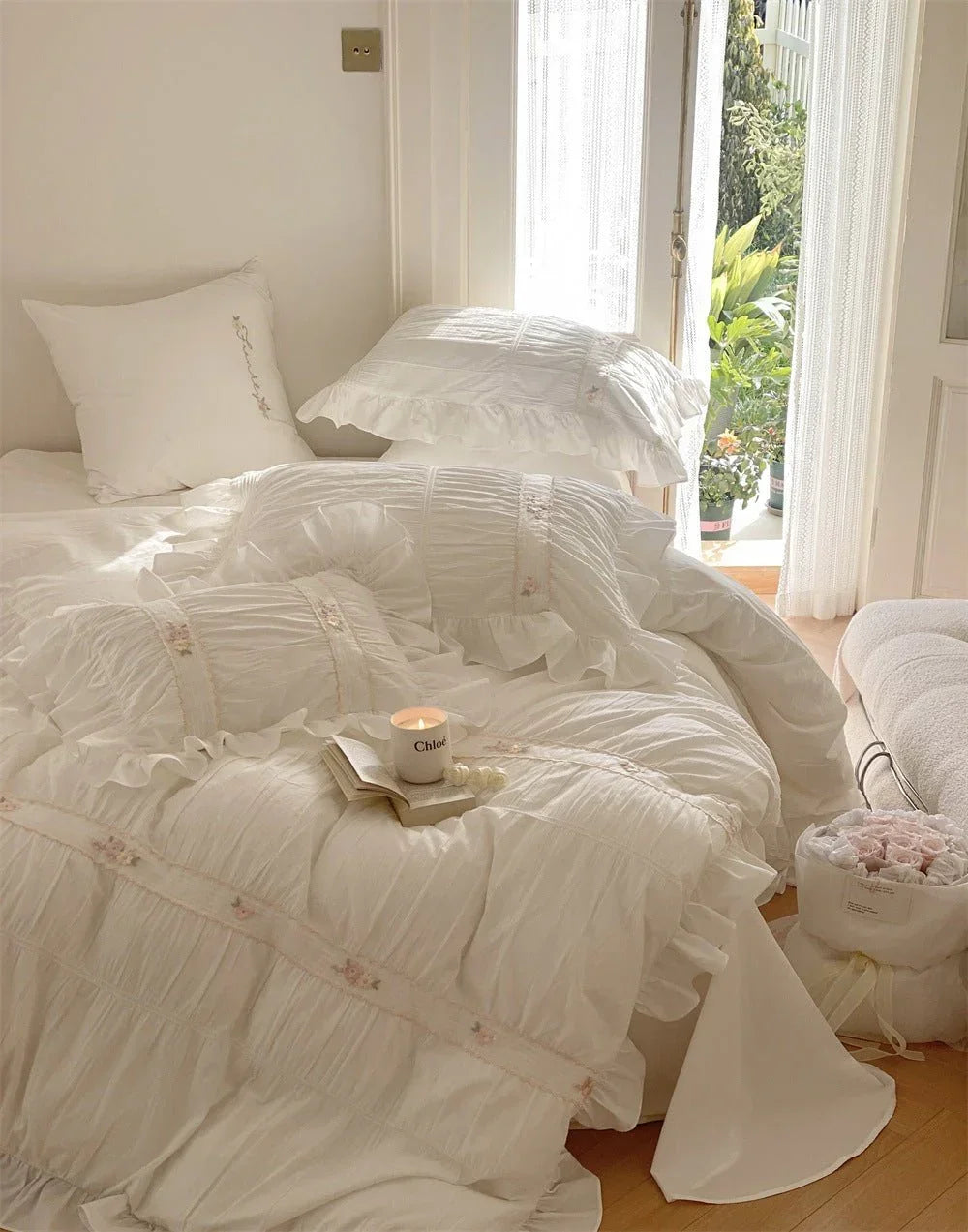 Embroidered Lace Ruffle Bedding Set / Pink Ever Lasting