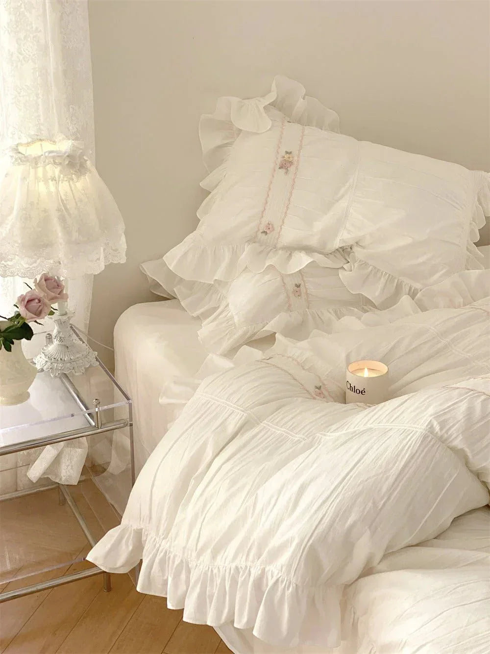 Embroidered Lace Ruffle Bedding Set / Pink Ever Lasting