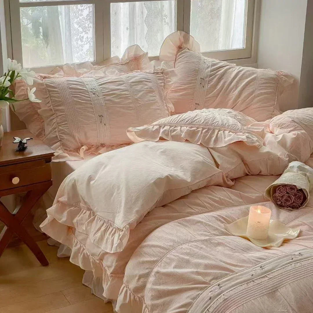 Embroidered Lace Ruffle Bedding Set / Pink Ever Lasting