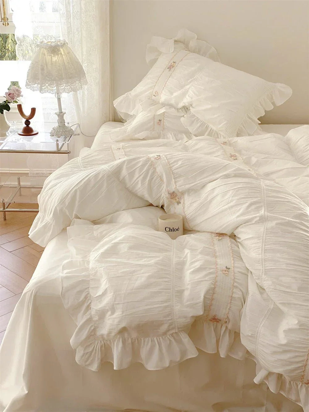 Embroidered Lace Ruffle Bedding Set / Pink Ever Lasting