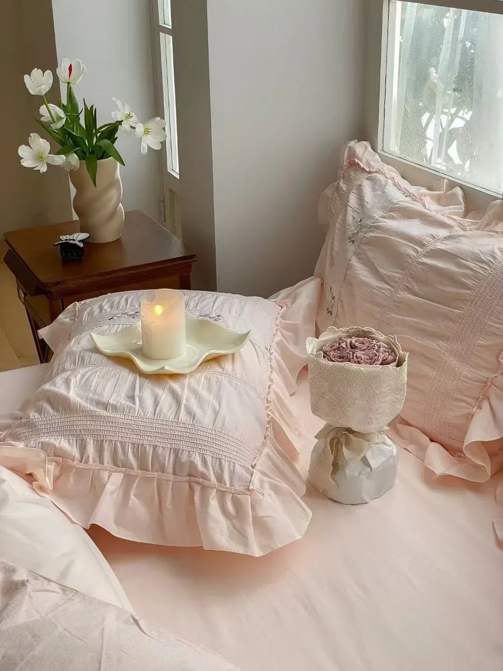 Embroidered Lace Ruffle Bedding Set / Pink Ever Lasting