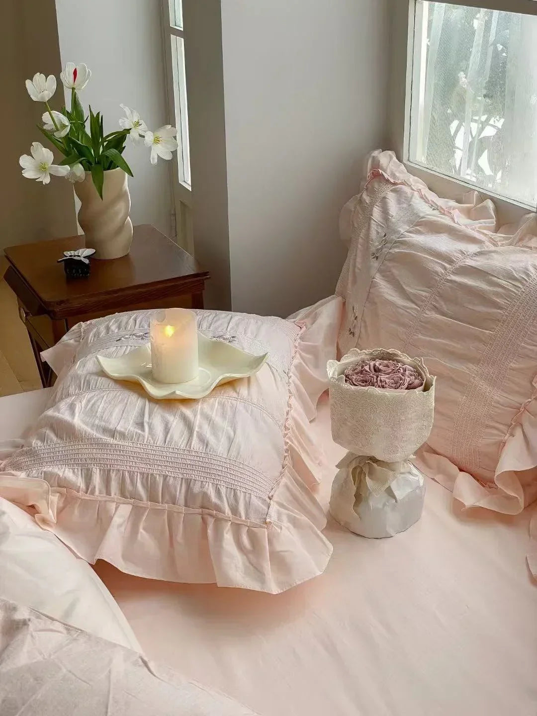 Embroidered Lace Ruffle Bedding Set / Pink Ever Lasting