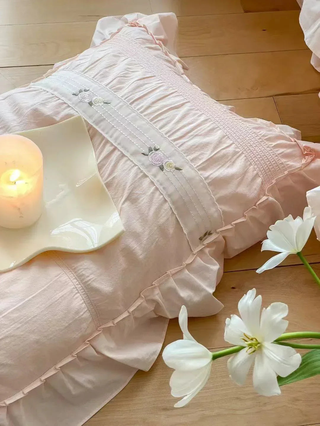 Embroidered Lace Ruffle Bedding Set / Pink Ever Lasting