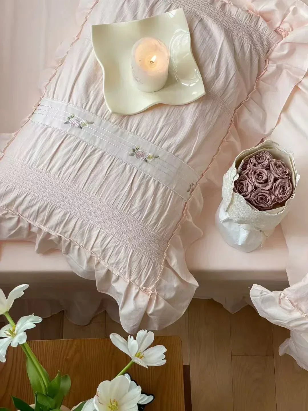 Embroidered Lace Ruffle Bedding Set / Pink Ever Lasting