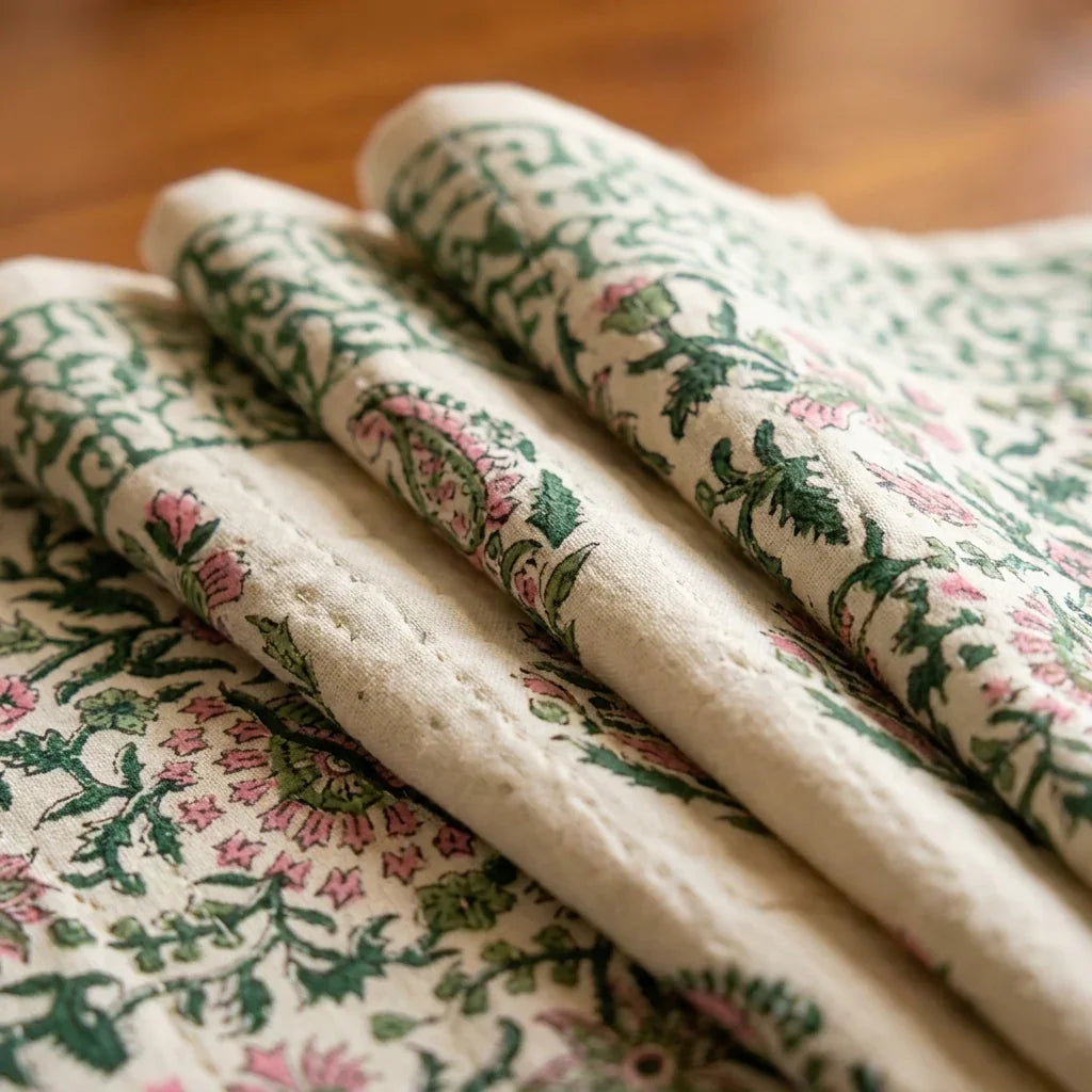 Emerald Green & Pink Jaipur hand block printed cotton napkins set of 6 | India natural colors hand block table runners napkins table mats Jaipur handmade aesthetics handicraft | House of Avana