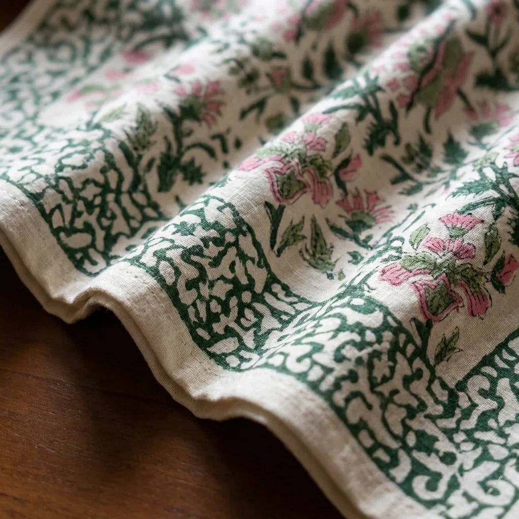 Emerald Green & Pink Jaipur hand block printed cotton napkins set of 6 | Jaipur handicraft aesthetics handmade table runners napkins table mats India natural colors hand block | House of Avana