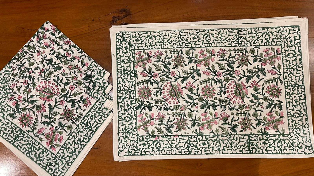 Emerald Green & Pink handmade hand block printed cotton table linen | hand block printed table runners napkins table mats Jaipur handmade handicraft India natural colors | House of Avana [[SKU:HOA-TR-EGPK-009]]
