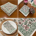Emerald Green & Pink Jaipur hand block printed cotton napkins set of 6 | handmade Jaipur handicraft table runners table mats napkins hand block India natural colors aesthetics | House of Avana [[SKU:HOA-TR-EGPK-009]]