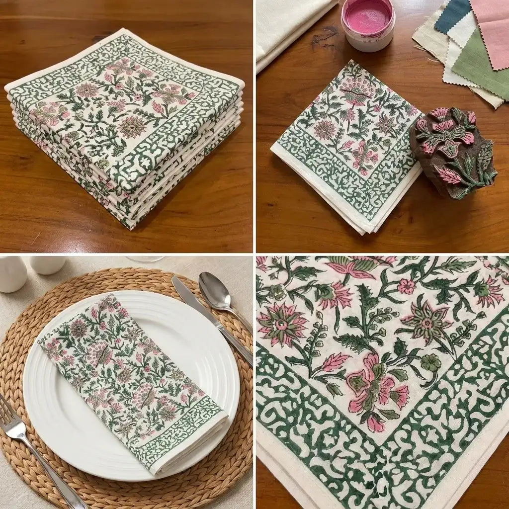 Emerald Green & Pink Jaipur hand block printed cotton napkins set of 6 | handmade Jaipur handicraft table runners table mats napkins hand block India natural colors aesthetics | House of Avana [[SKU:HOA-TR-EGPK-009]]