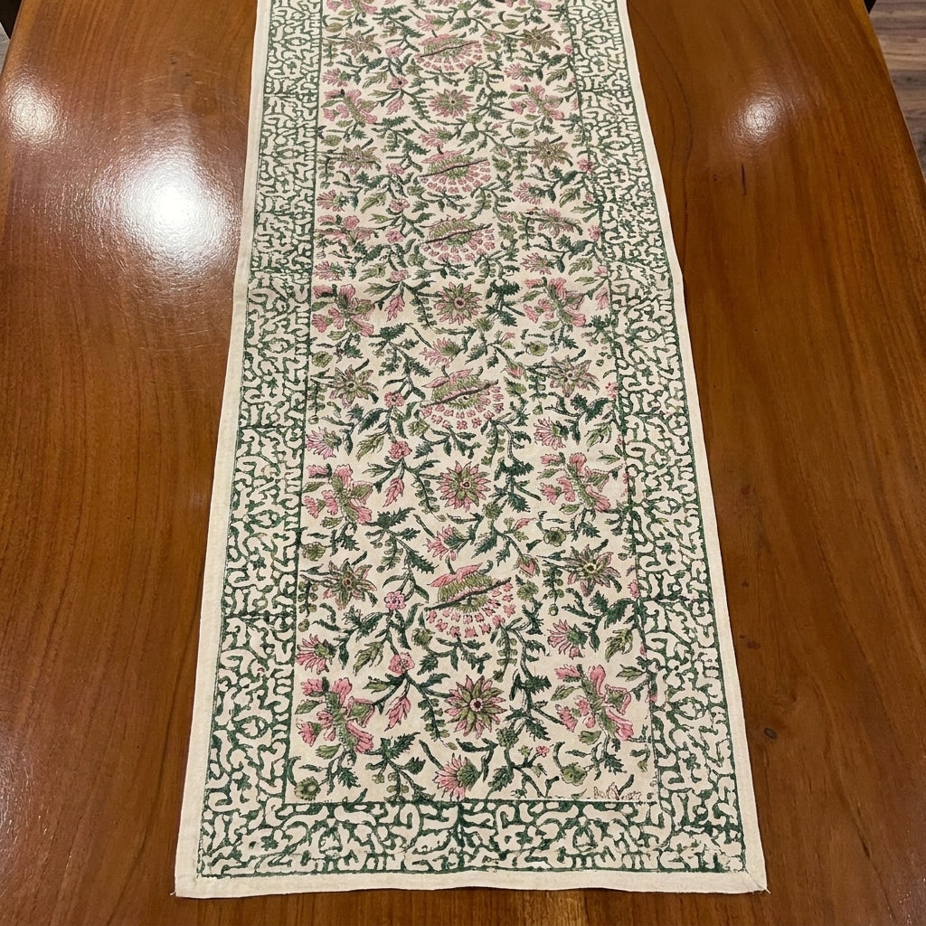 Emerald Green & Pink hand block cotton table runner | hand block printed table runners napkins table mats Jaipur handmade handicraft India natural colors | House of Avana