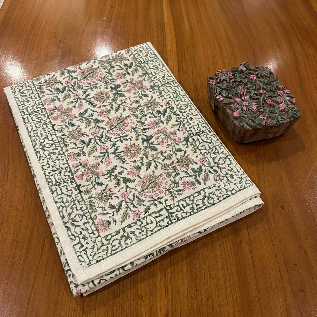 Emerald Green & Pink hand block cotton table runner | India natural colors hand block table runners napkins table mats Jaipur handmade aesthetics handicraft | House of Avana