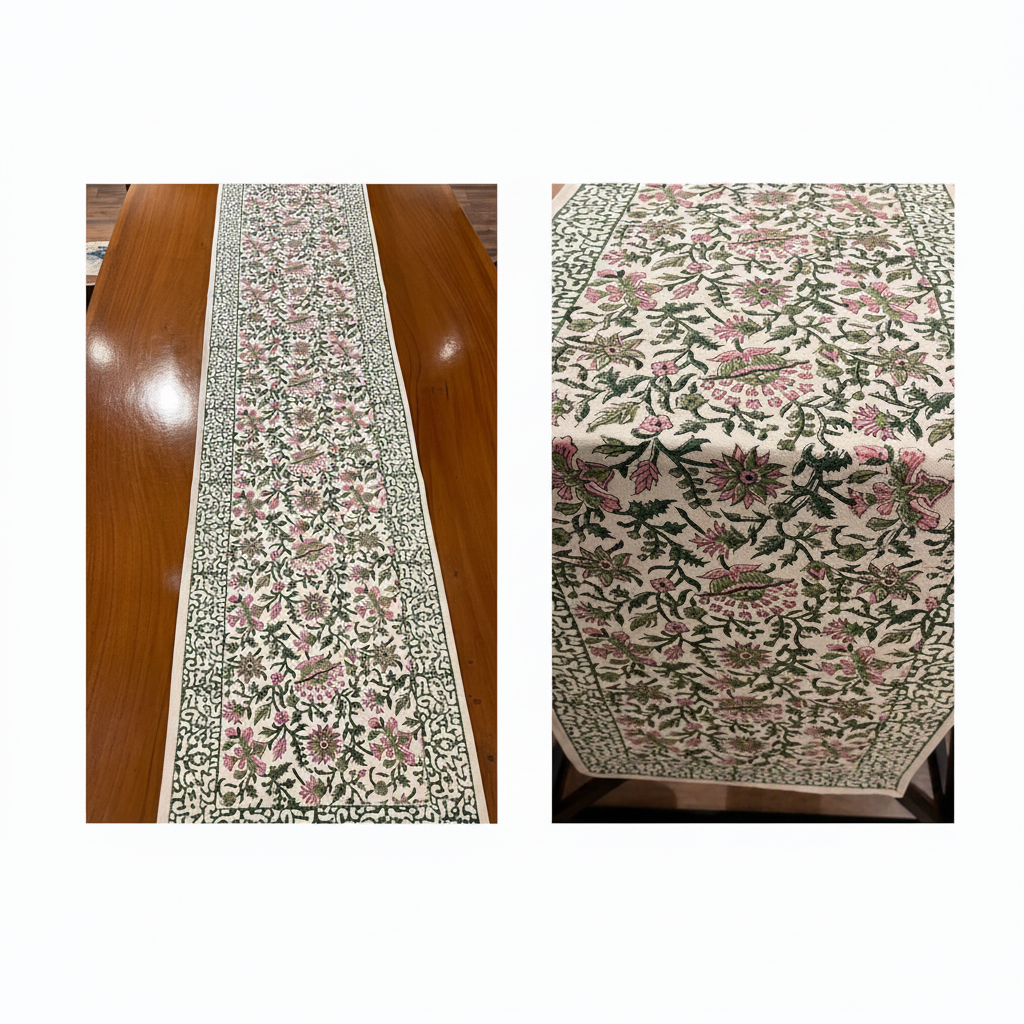 Emerald Green & Pink handmade 13-piece cotton table linen set | hand block printed table runners napkins table mats Jaipur handmade handicraft India natural colors | House of Avana
