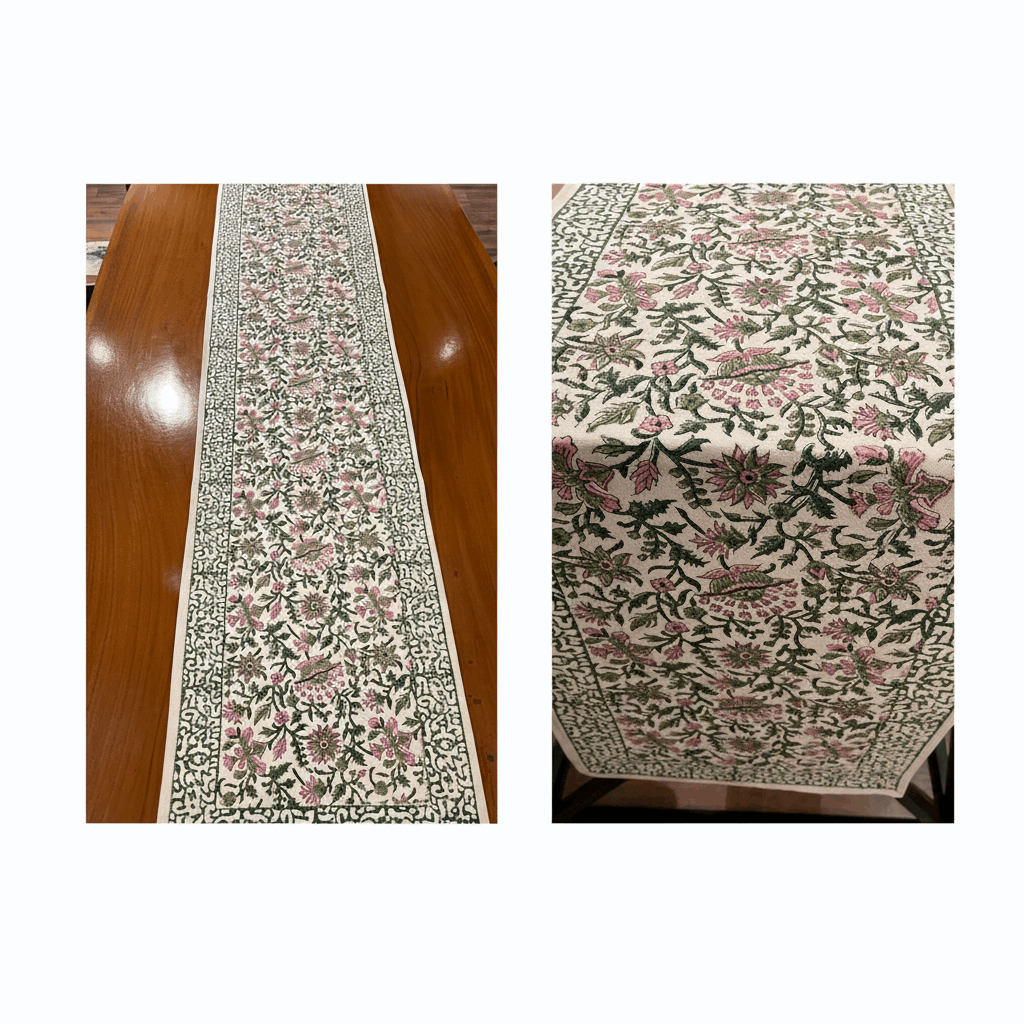 Emerald Green & Pink handmade 13-piece cotton table linen set | hand block printed table runners napkins table mats Jaipur handmade handicraft India natural colors | House of Avana [[SKU:HOA-TR-EGPK-009]]