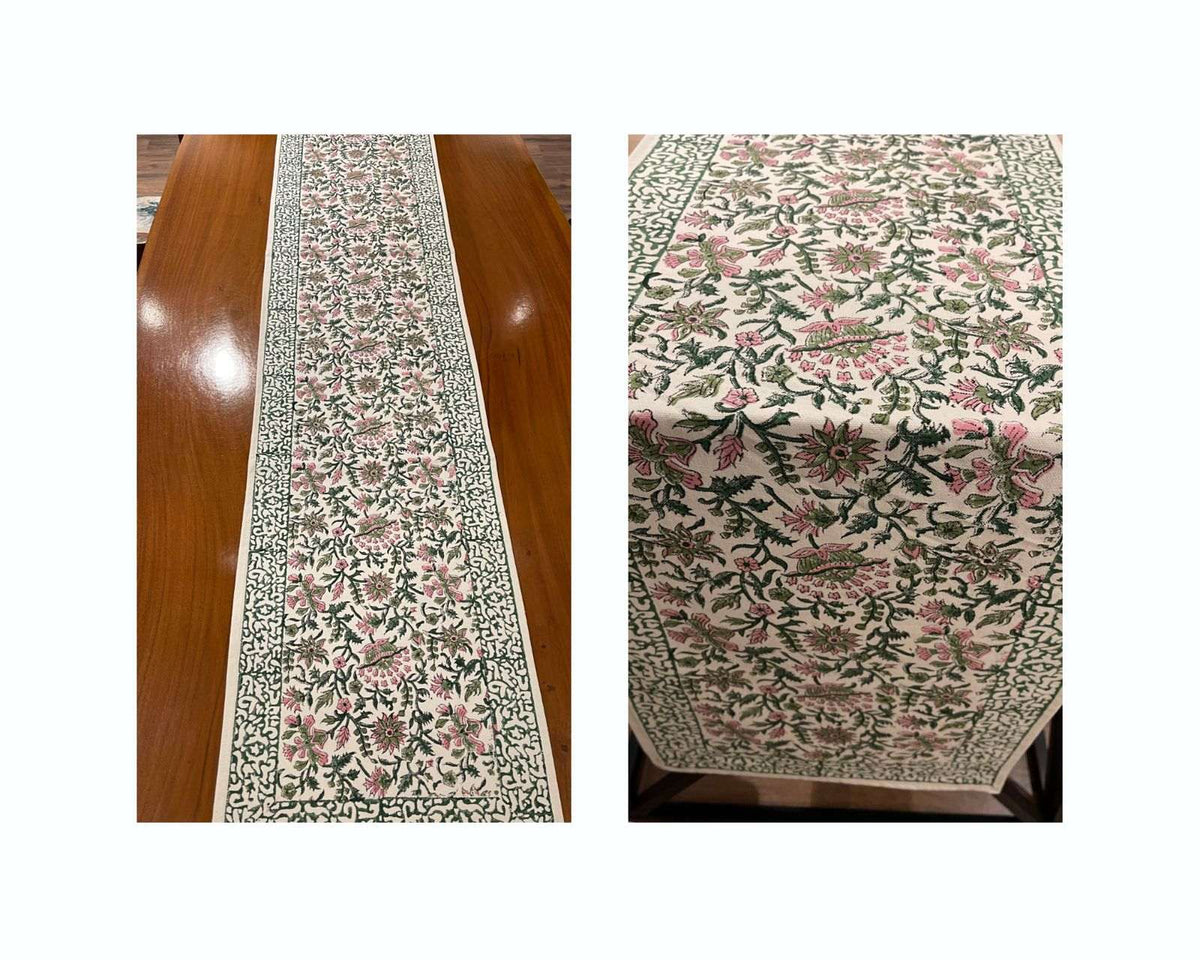 Emerald Green & Pink handmade hand block printed cotton table linen | India natural colors hand block table runners napkins table mats Jaipur handmade aesthetics handicraft | House of Avana [[SKU:HOA-TR-EGPK-009]]