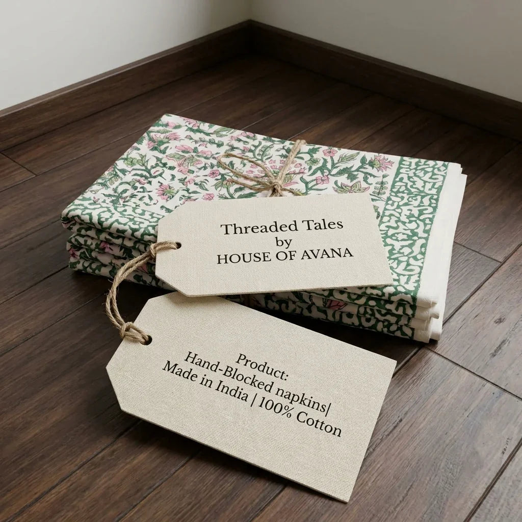 Emerald Green & Pink cotton napkins with artisan product tags | Jaipur handicraft aesthetics handmade table runners napkins table mats India natural colors hand block | House of Avana