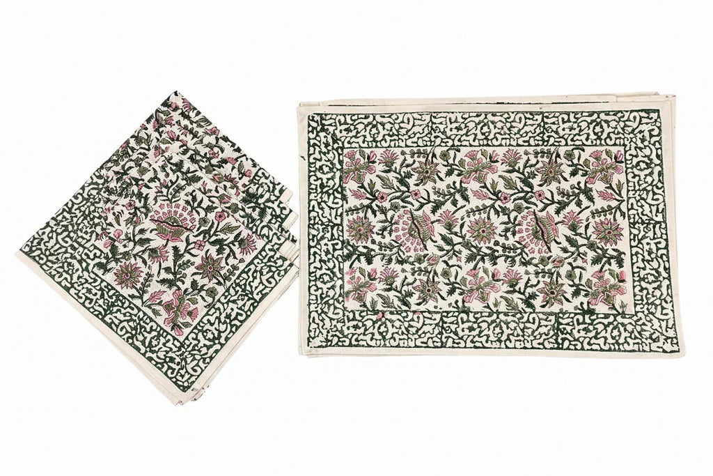 Emerald Green & Pink handmade 13-piece cotton table linen set | hand block printed table runners napkins table mats Jaipur handmade handicraft India natural colors | House of Avana