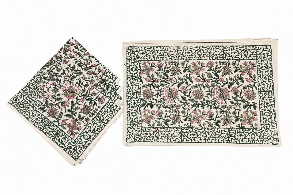 Emerald Green & Pink handmade 13-piece cotton table linen set | hand block printed table runners napkins table mats Jaipur handmade handicraft India natural colors | House of Avana