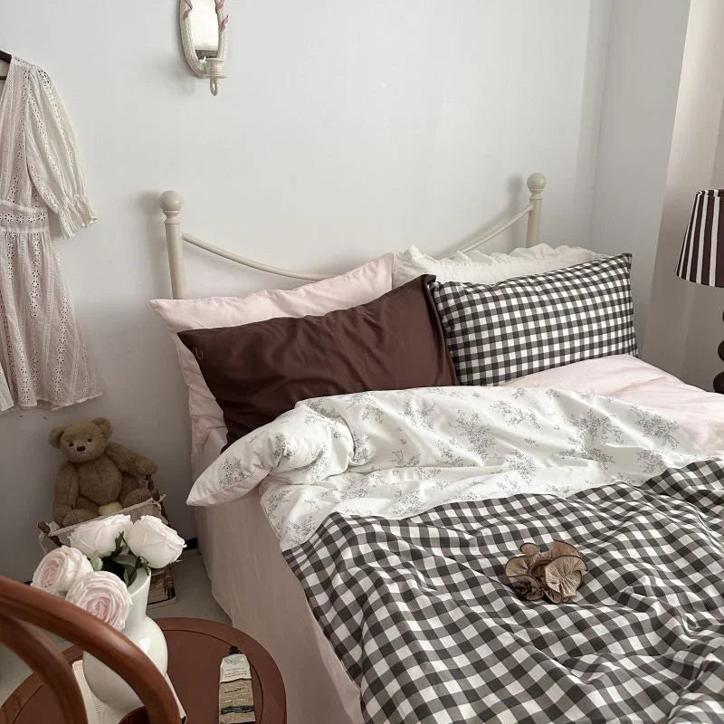 Emi Patchwork Gingham Bedding Set / Soft Mocha Pink Ever Lasting