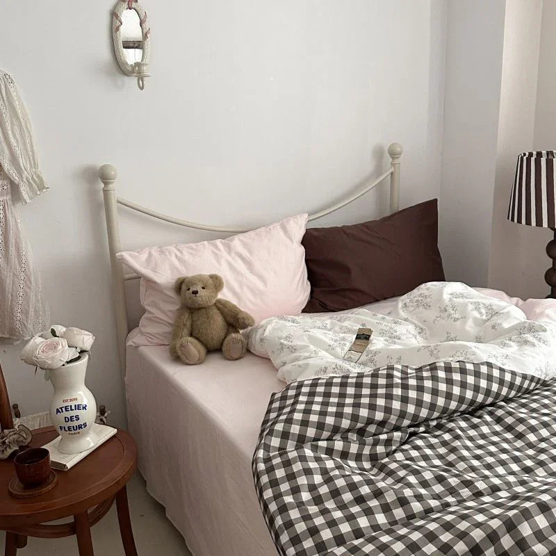 Emi Patchwork Gingham Bedding Set / Soft Mocha Pink Ever Lasting