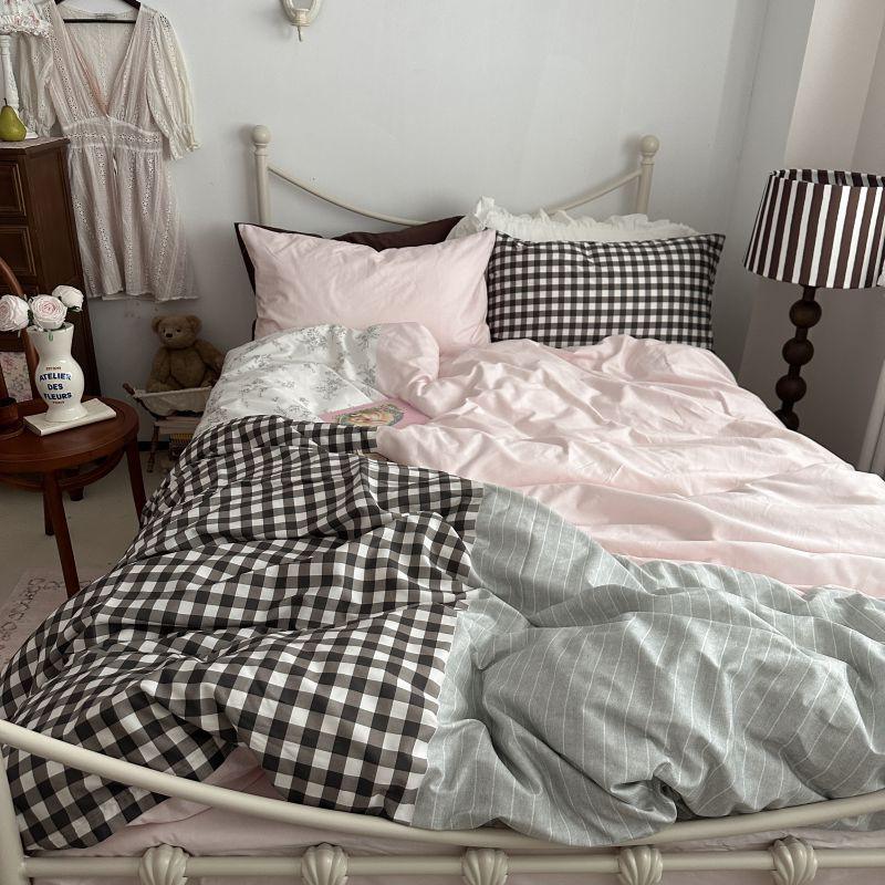 Emi Patchwork Gingham Bedding Set / Soft Mocha Pink Ever Lasting
