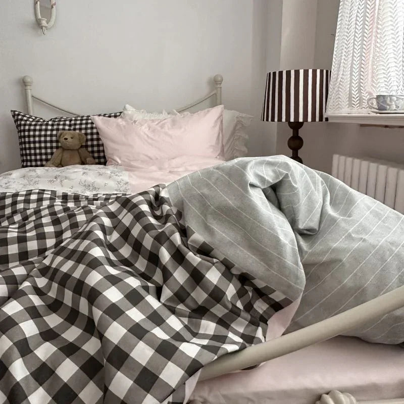 Emi Patchwork Gingham Bedding Set / Soft Mocha Pink Ever Lasting