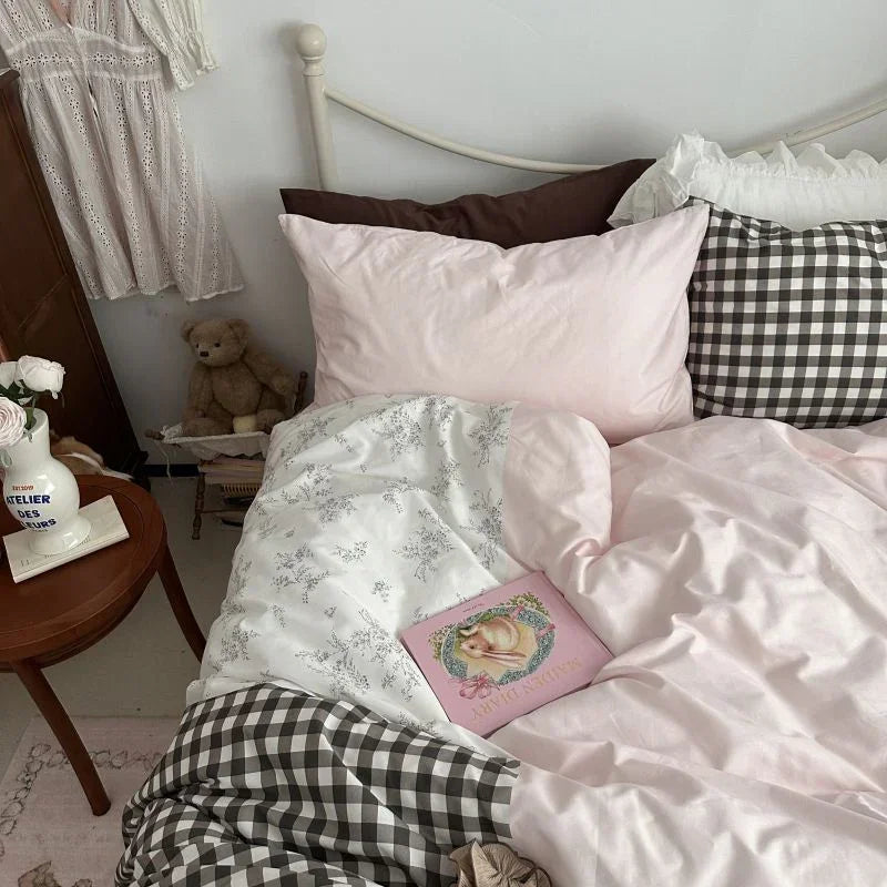 Emi Patchwork Gingham Bedding Set / Soft Mocha Pink Ever Lasting