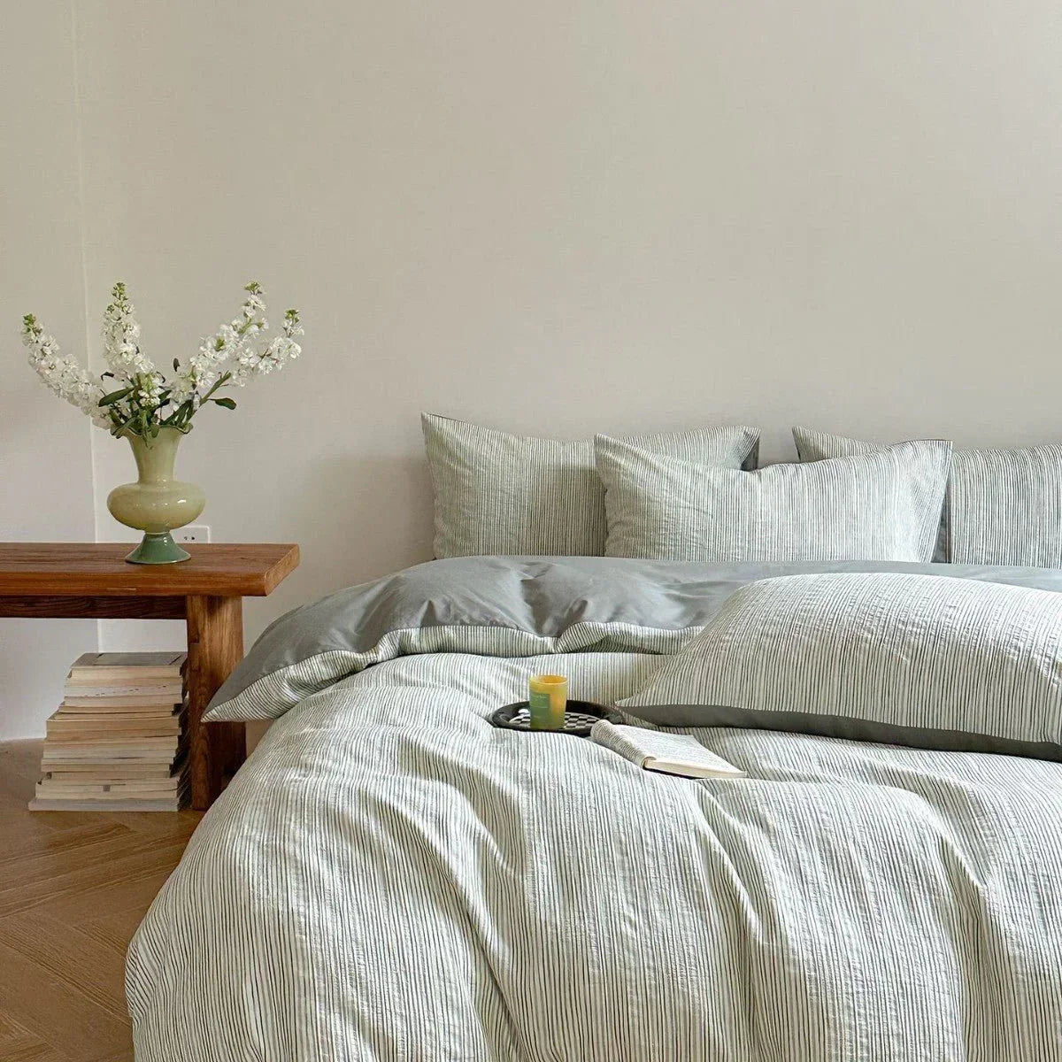 Emma Duo Striped Jacquard Bedding Set / Green Ever Lasting