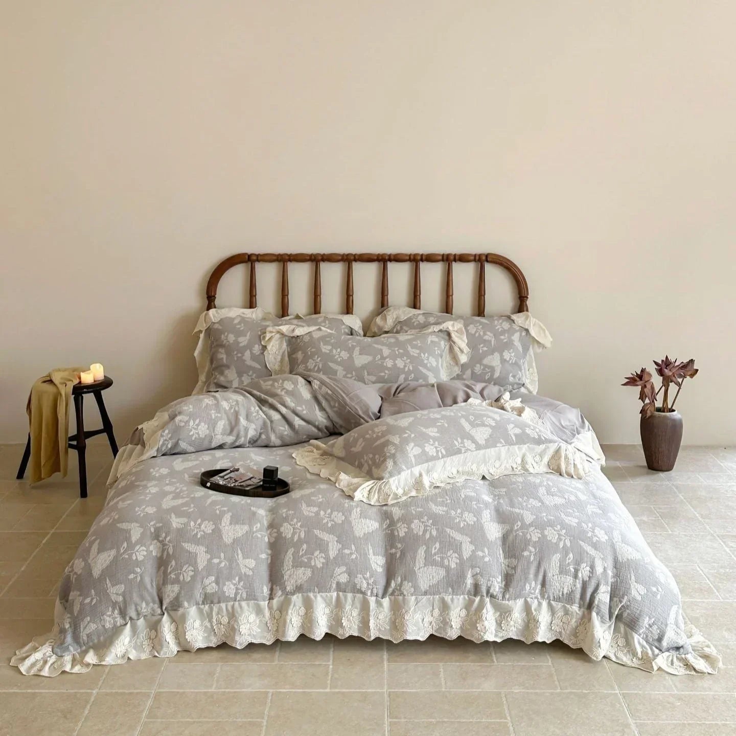 Emmeline Lace Ruffle Floral Bedding Set / Gray Ever Lasting