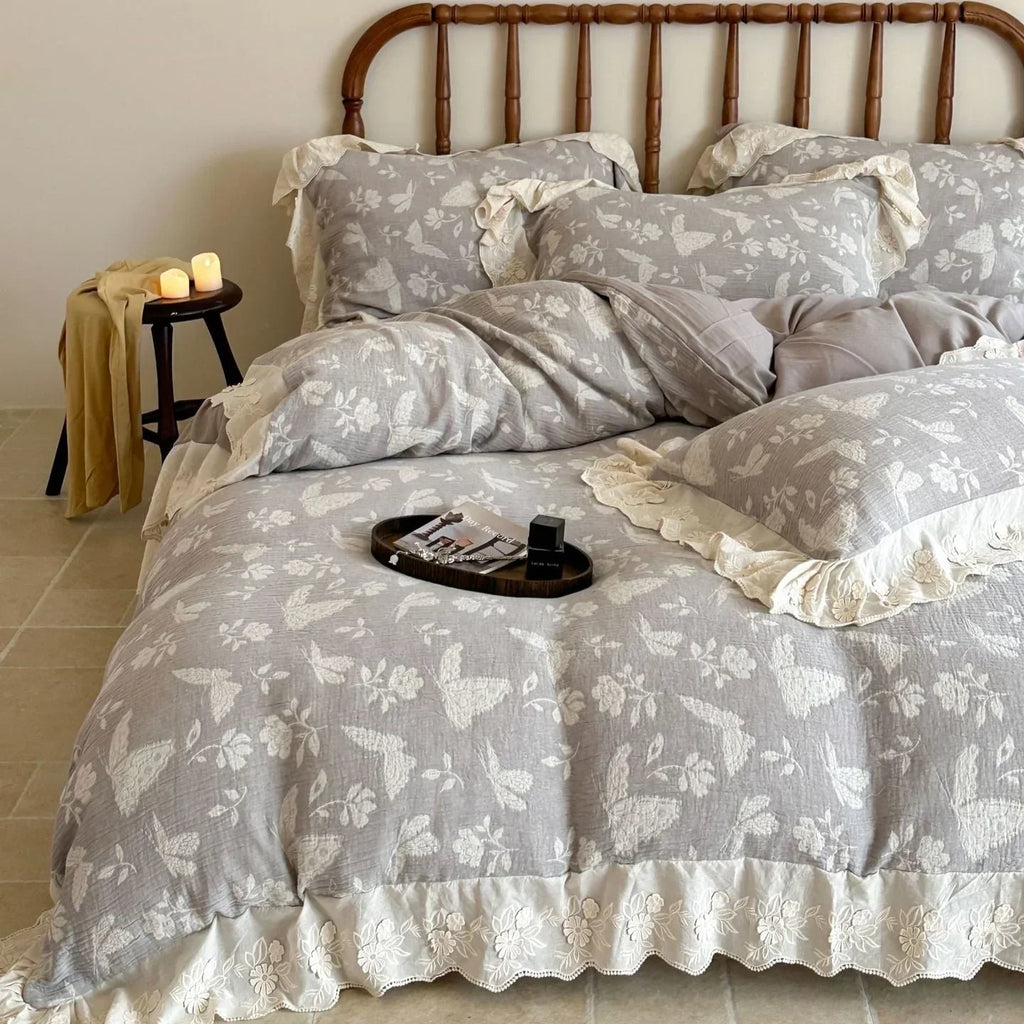 Emmeline Lace Ruffle Floral Bedding Set / Gray Ever Lasting