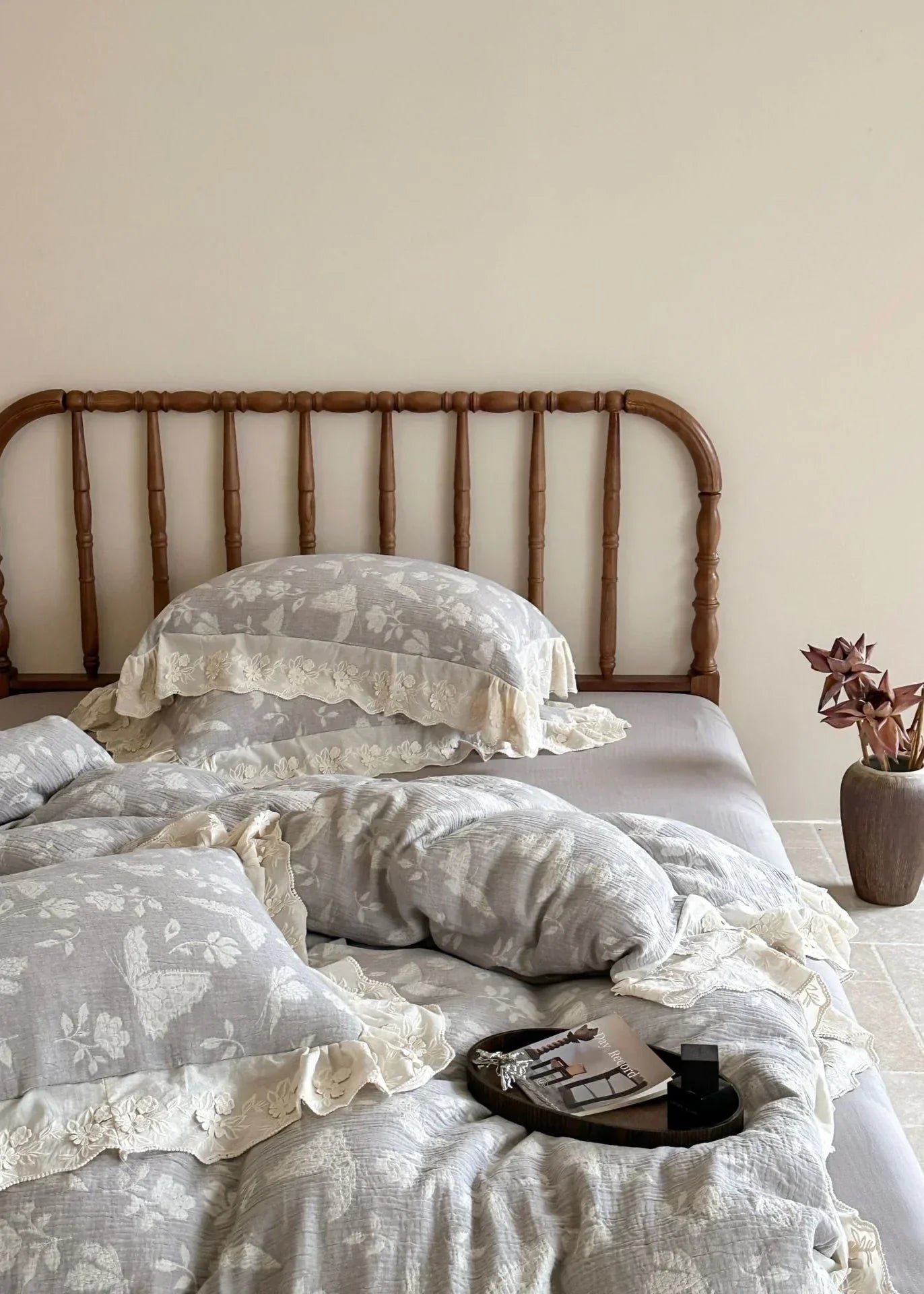 Emmeline Lace Ruffle Floral Bedding Set / Gray Ever Lasting