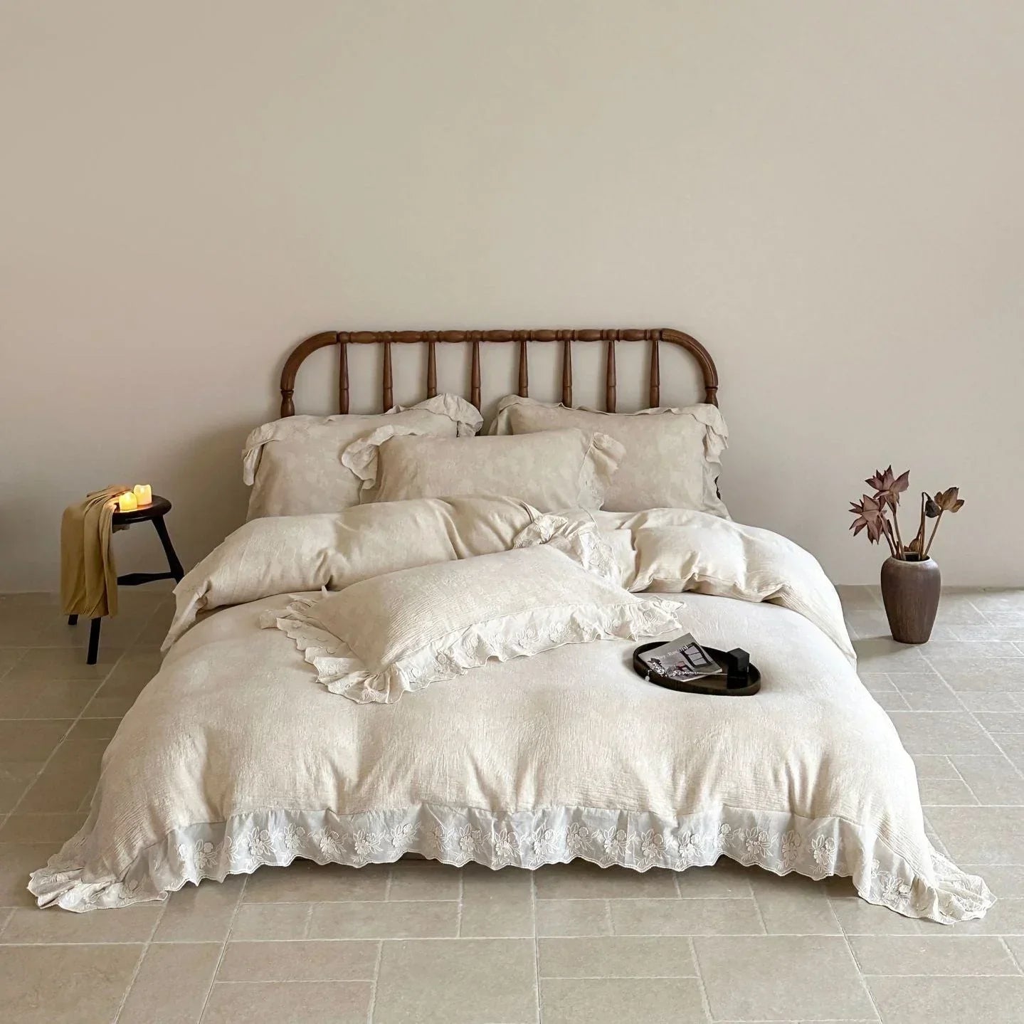 Emmeline Lace Ruffle Floral Bedding Set / Gray Ever Lasting