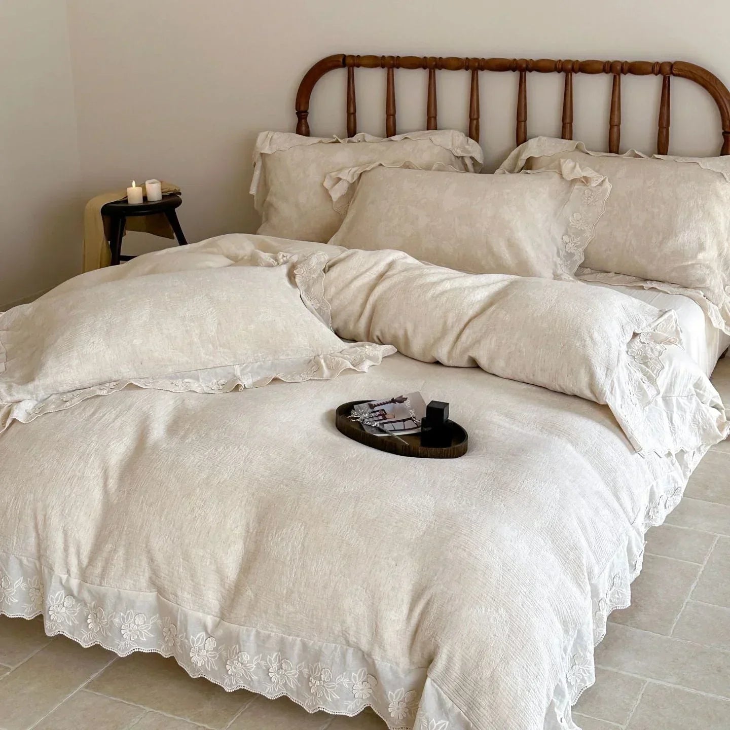 Emmeline Lace Ruffle Floral Bedding Set / Gray Ever Lasting