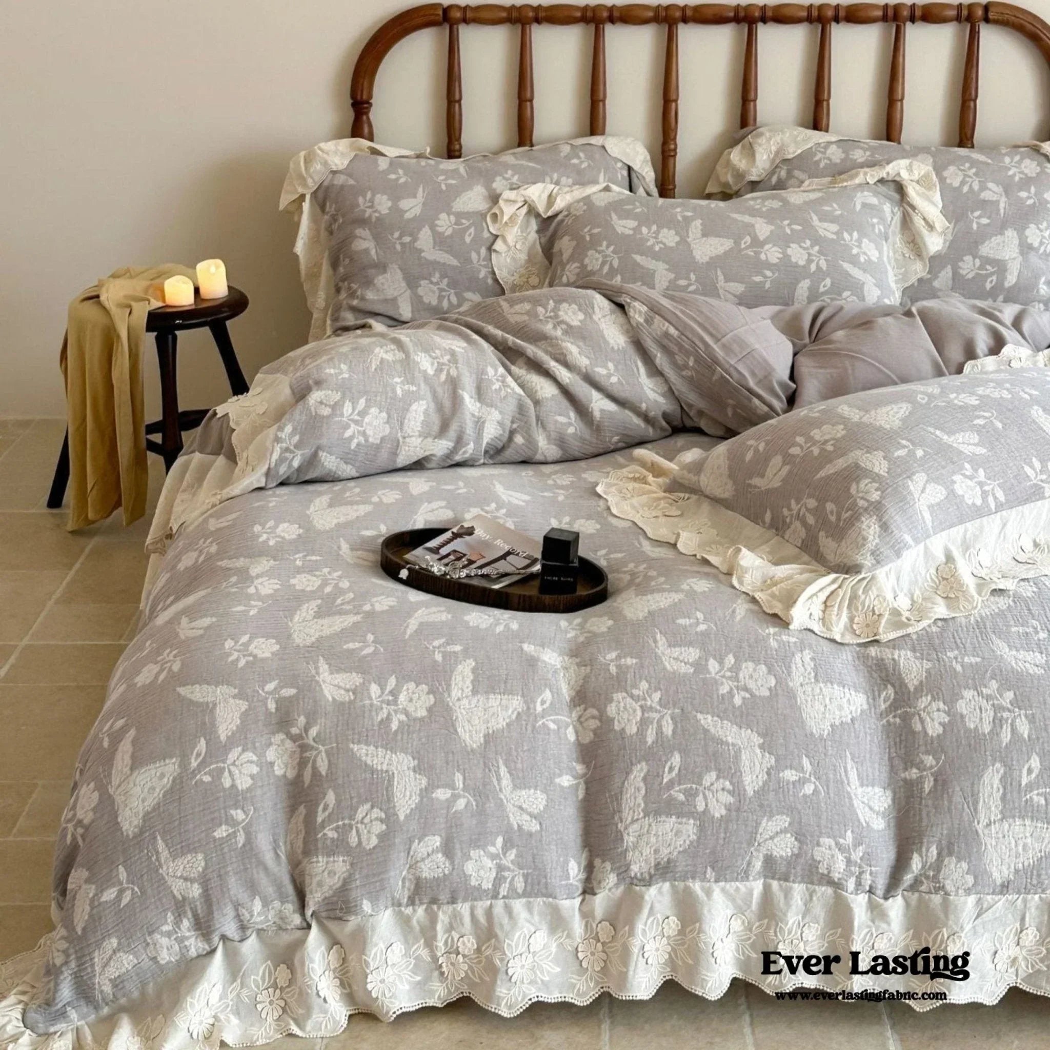 Emmeline Lace Ruffle Floral Bedding Set / White Ever Lasting
