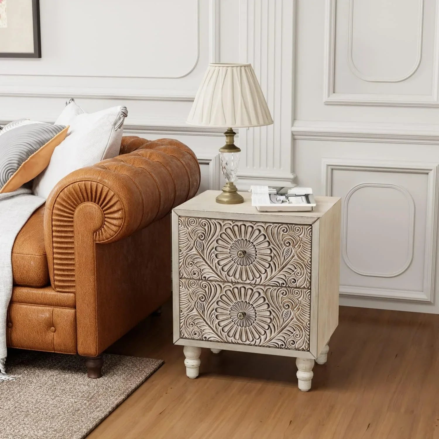 End Table with Drawers, Mdf Vintage Style Wood Side Table, Exclusive Carved Design Cabinet, High-quality... - House Of Avana