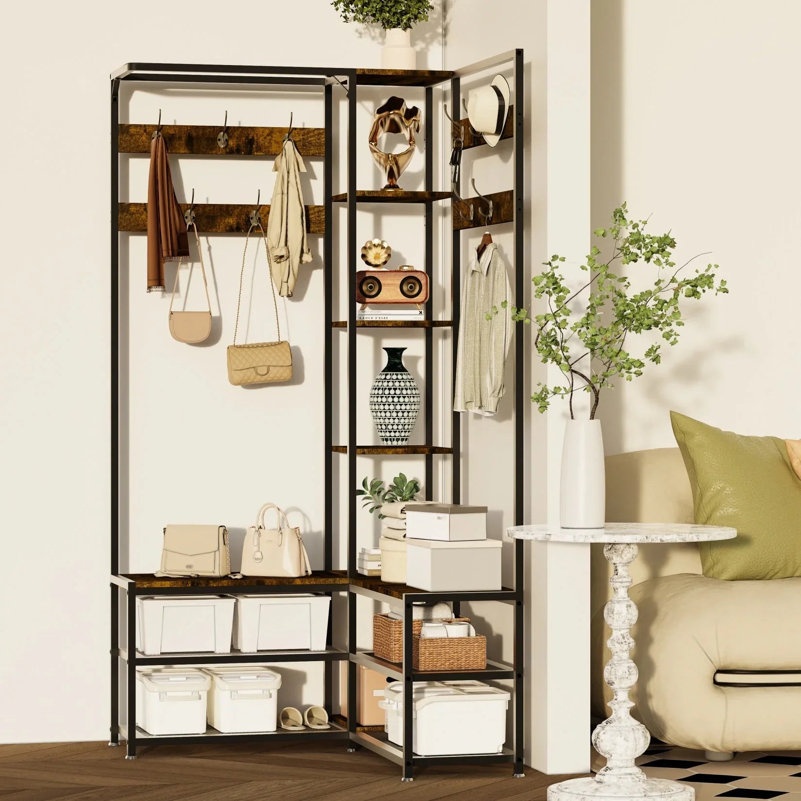 Corner Entryway Coat Rack & Shoe Bench - House Of Avana