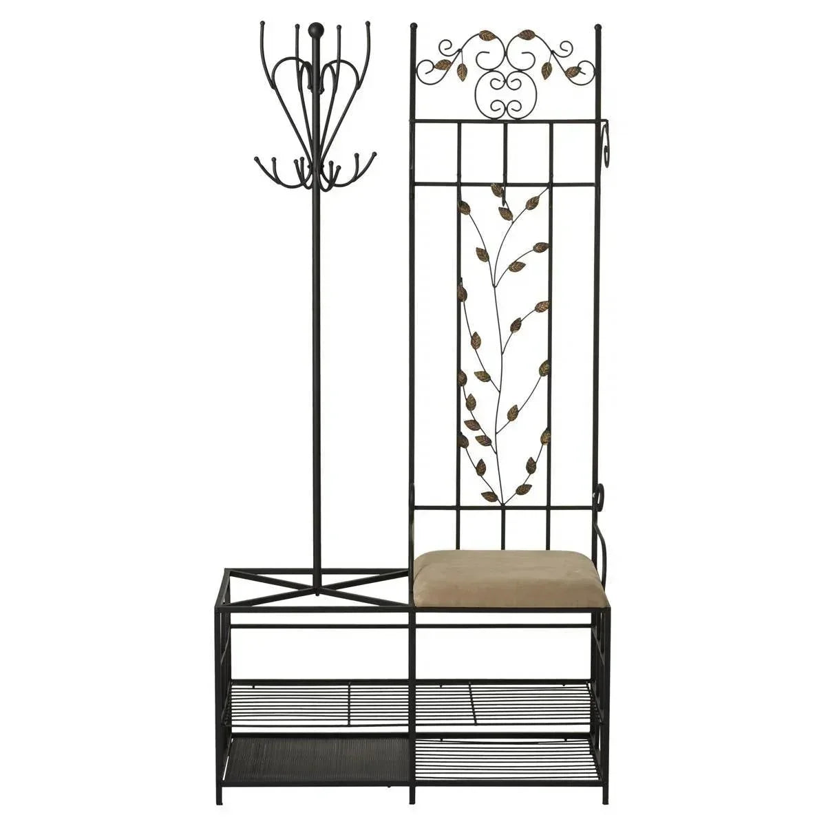 Entryway Hall Tree Coat Rack Storage Bench with Scrolling Leaves Scrollwork