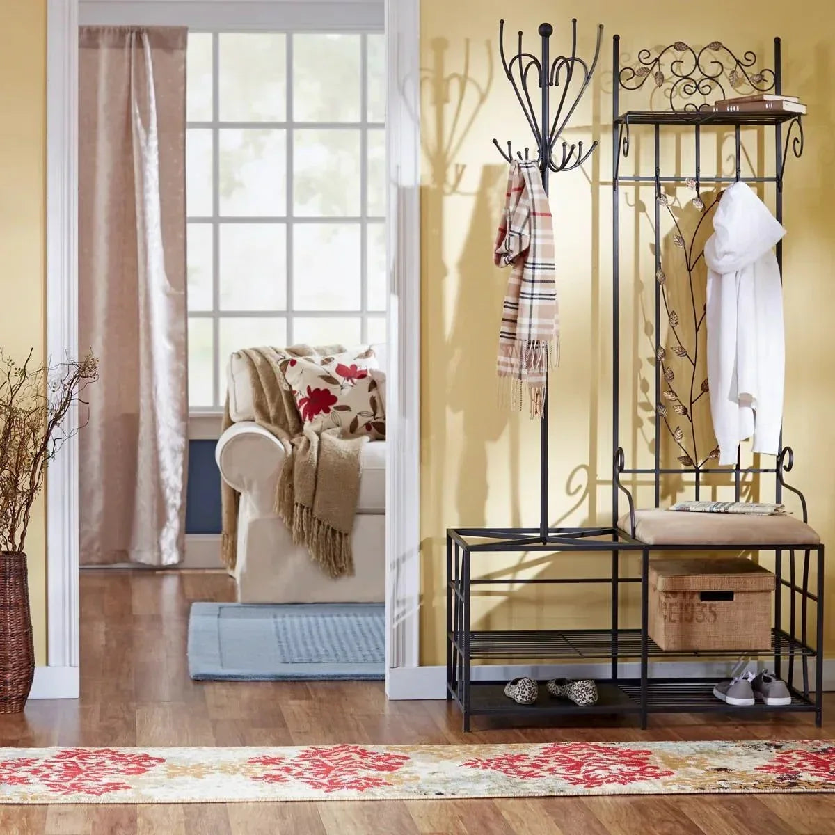 Entryway Hall Tree Coat Rack Storage Bench with Scrolling Leaves Scrollwork