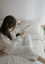 Esme French Linen Cotton Embroidered Floral Bedding Set / White Ever Lasting