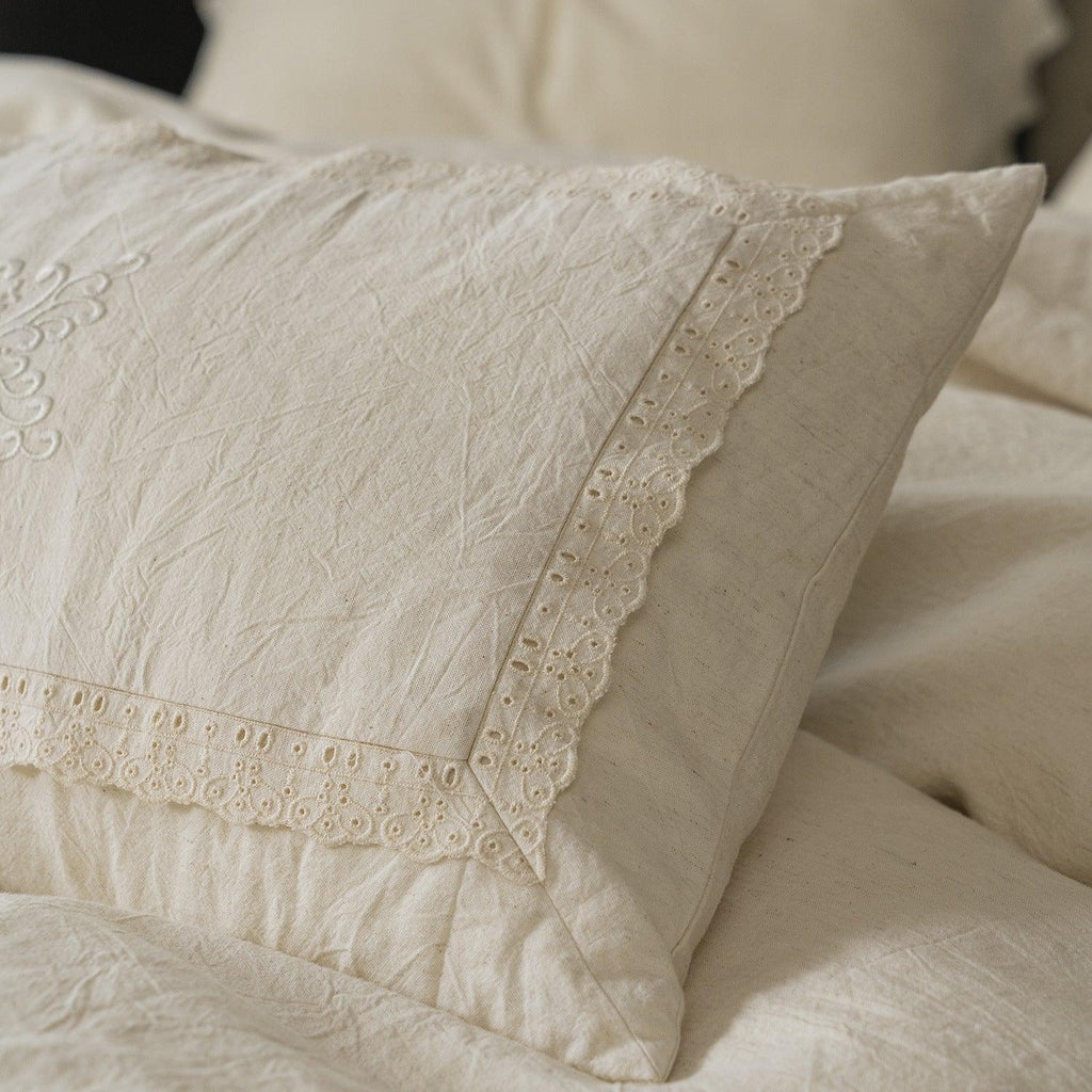Esme French Linen Cotton Embroidered Floral Bedding Set / White Ever Lasting