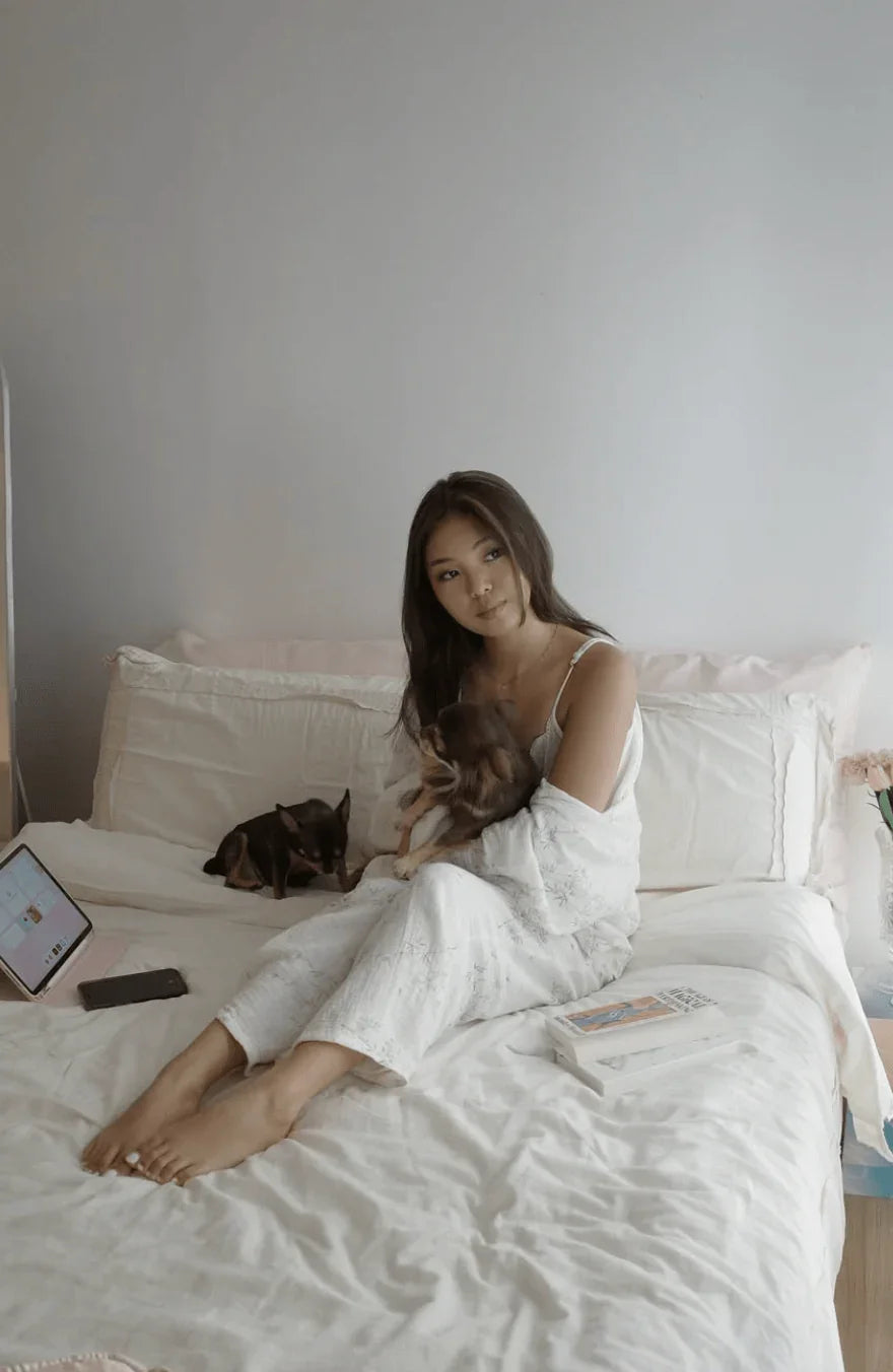 Esme French Linen Cotton Embroidered Floral Bedding Set / White Ever Lasting