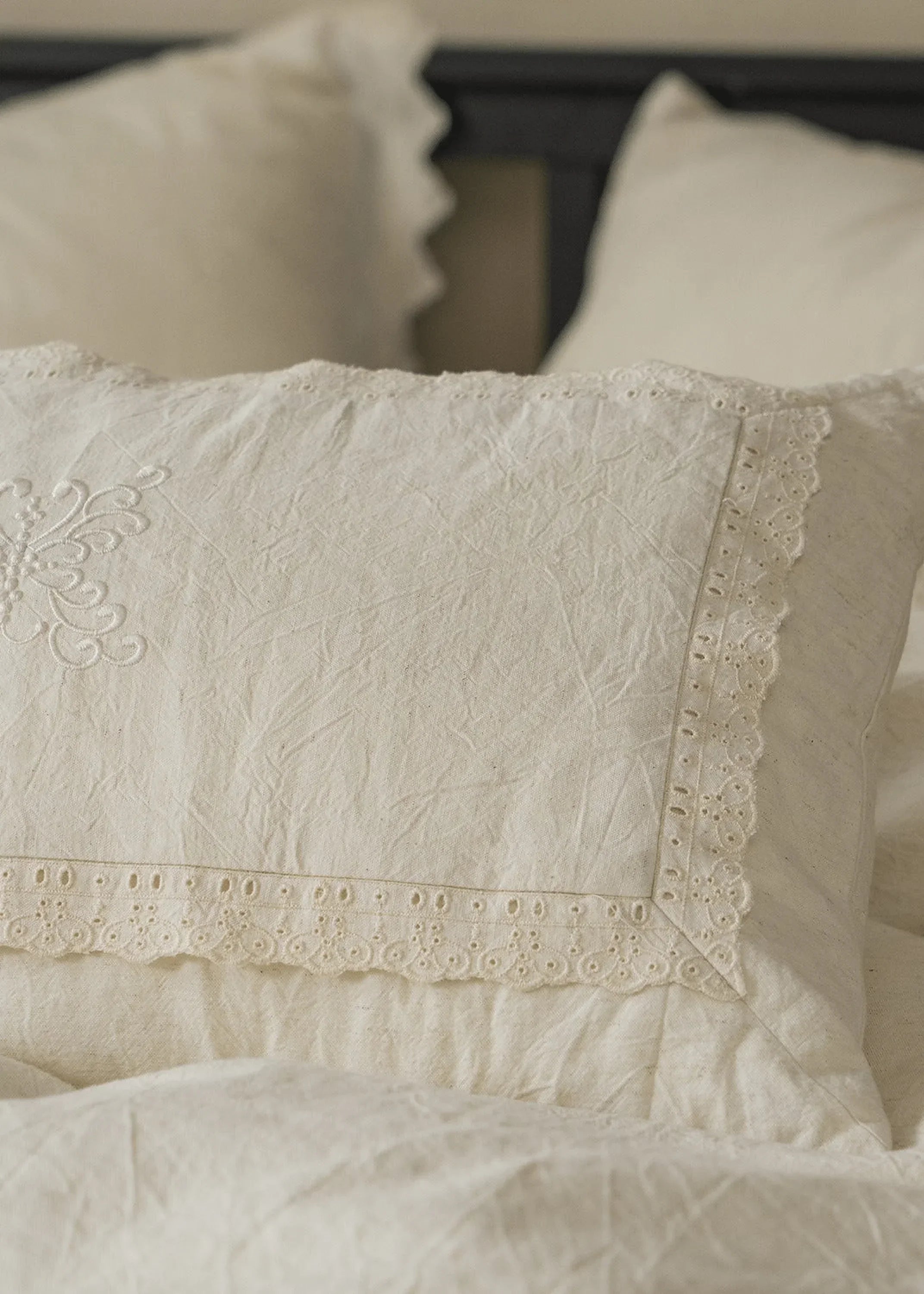 Esme French Linen Cotton Embroidered Floral Bedding Set / White