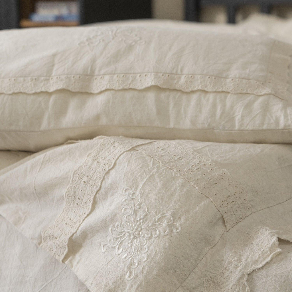 Esme French Linen Cotton Embroidered Floral Bedding Set / White