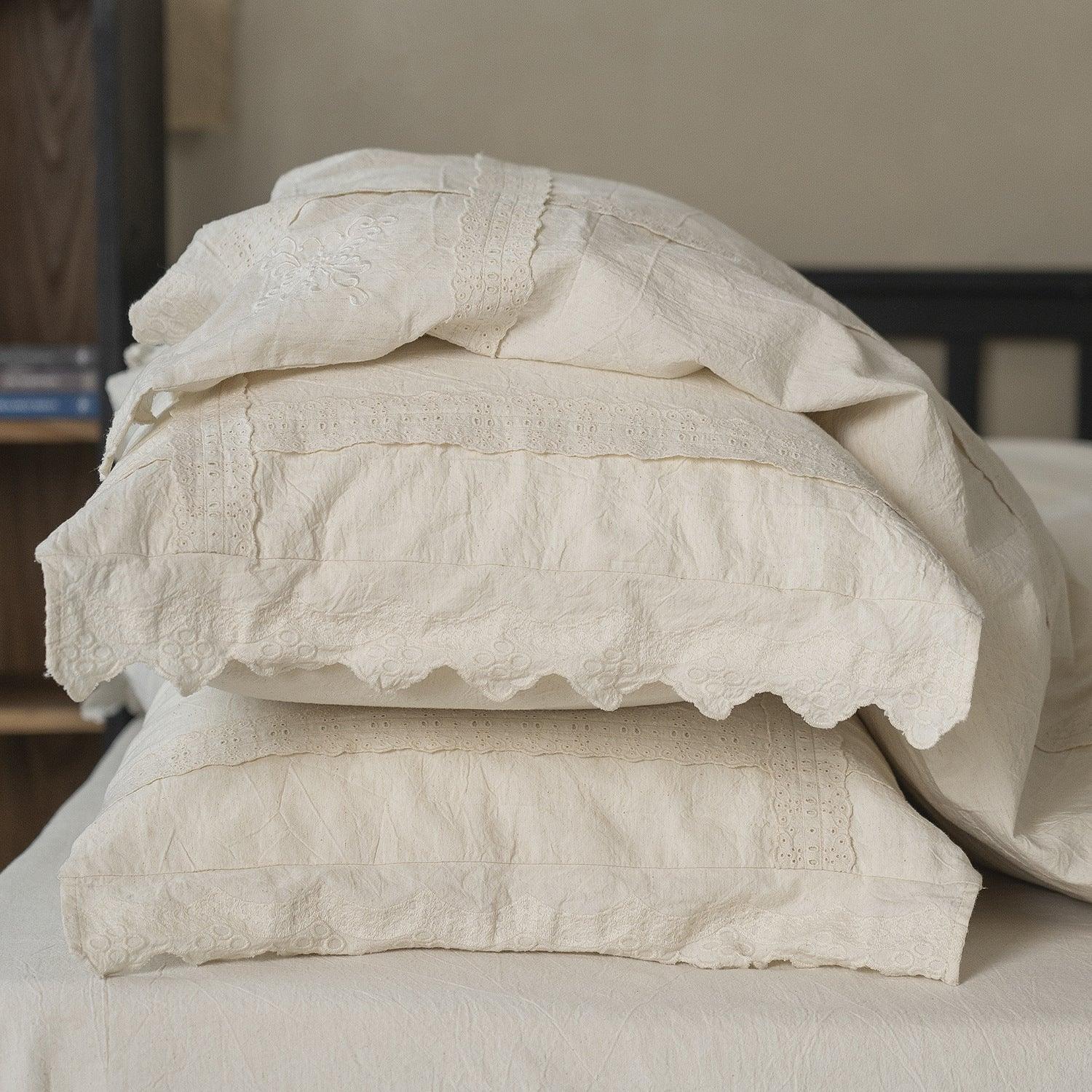 Esme French Linen Cotton Embroidered Floral Bedding Set / White