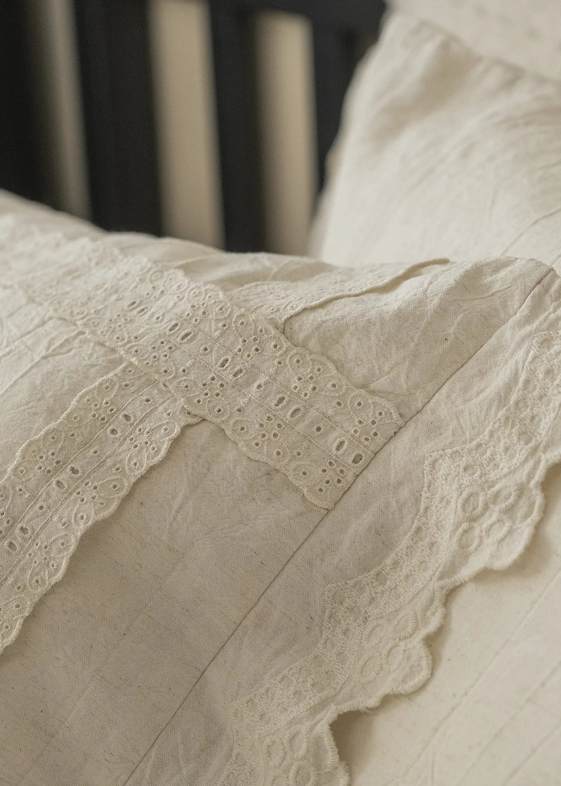 Esme French Linen Cotton Embroidered Floral Bedding Set / White